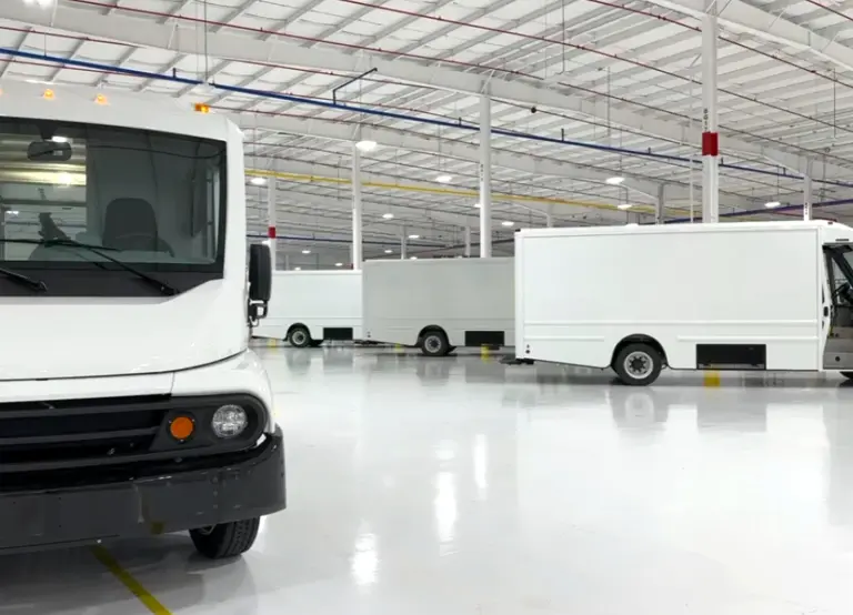 Workhorse W56 Ev Step Vans Parked Inside Manufacturing Facility