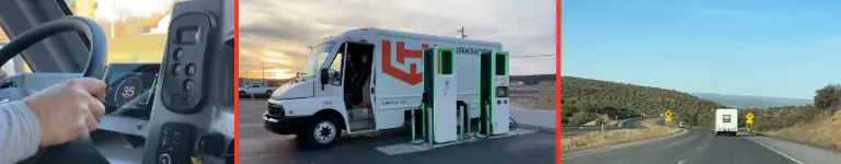 What Fleets Are Really Asking Us About Going Electric 1 Triptych of W56 step van images showing dashboard, charging and steep highway grades.