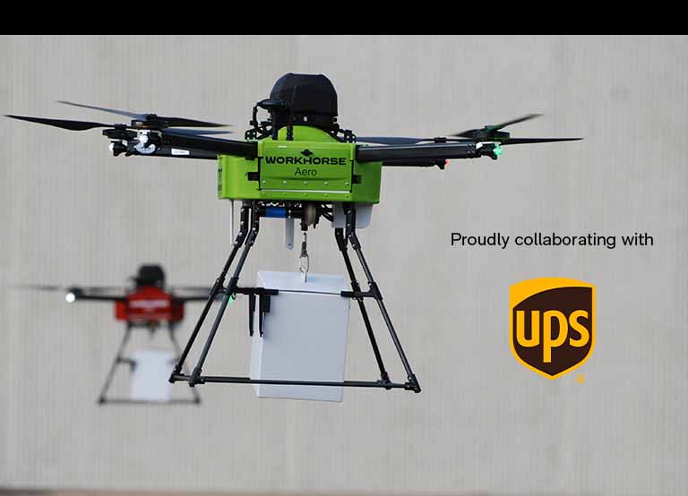 Workhorse Aero Wa4-100 Horsefly Drone In Flight With With Package To Show Faa Drone Collaboration With Ups Flight Forward