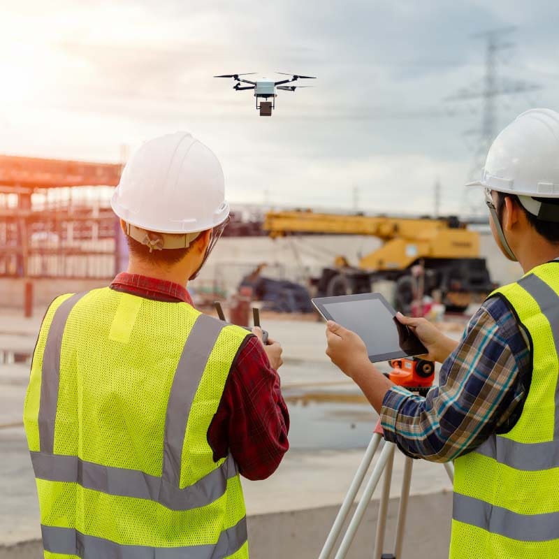 Two safety workers with hard hats and reflective vests test a drone with a tablet on a construction site, with heavy machinery in the background.