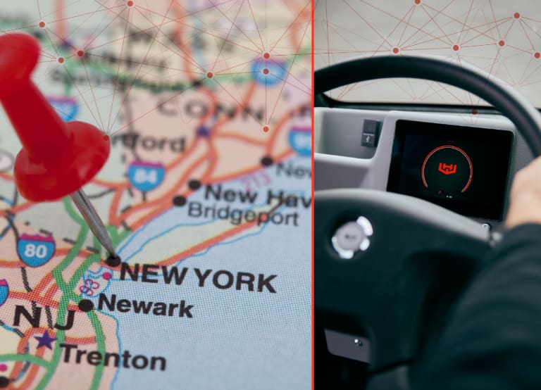 Split Image With Map Of Nyc On Left And Image Of Driver At Steering Wheels Of A Workhorse Electric Commercial Vehicle On The Right.