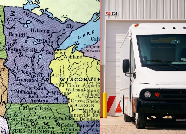 Split Image, On The Left Is A Map Of The Us Midwest. On The Right Is The Front Half Of A White W56 Electric Step Van.