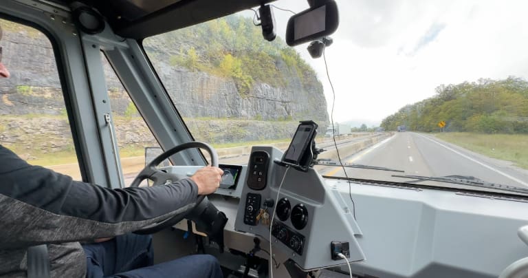 Highway view from the cab of a W56 EV Step Van