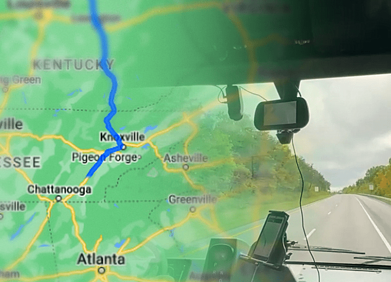 Split Screen Image Shows Map Overlay Of Eastern Tennessee Aside The Driver'S View Of The Highway From The Workhorse W56 Electric Step Van